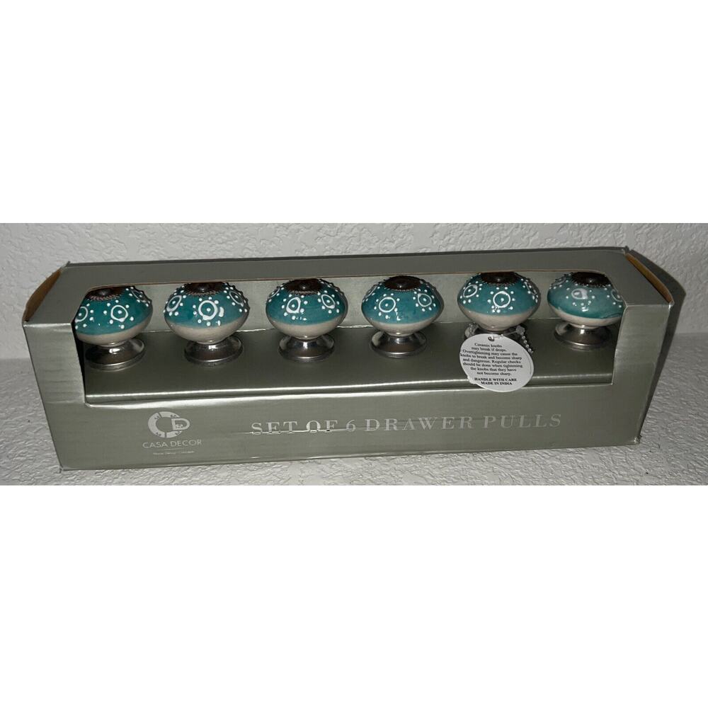 Ceramic Drawer Pull Knobs Set of 6 Hand Crafted Teal /White/Silver